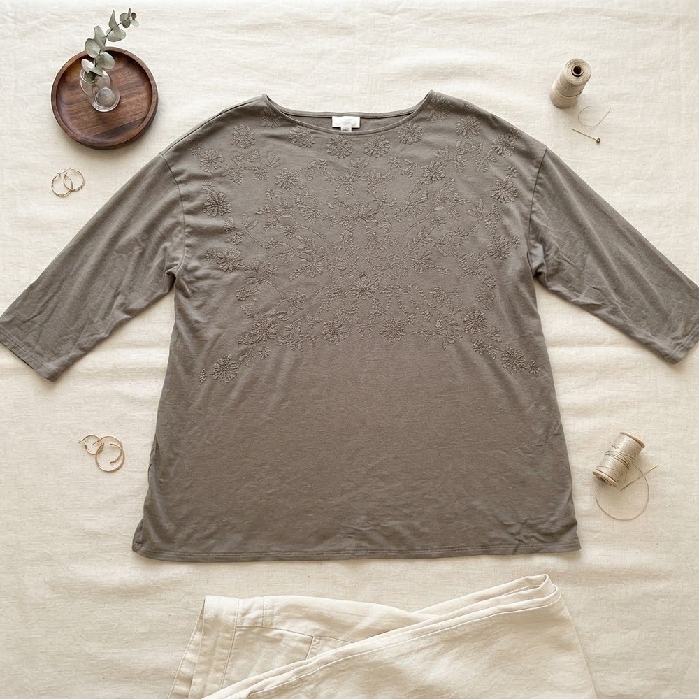 J. Jill Womens 2X Embroidered 3/4 Sleeve Top Olive Taupe Boat Neck Plus Size